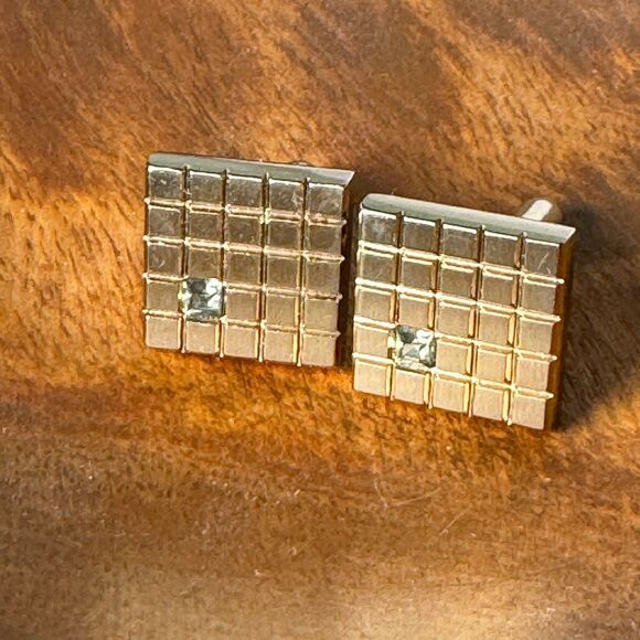 Vintage Gold Tone Cufflinks Tie Clip Set 1970s Glass Stone Wedding Formal Suit - Picture 6 of 12